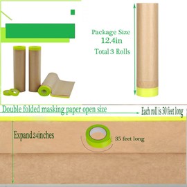 Pre-Taped Masking Paper for Painting，Paint Masking -24inchx 50feet Automotive Paint Masking Paper,Tape and Drape Painters Paper for Floor Protection,Wall Covering(Masking Paper:3rolls ,Tape:2rolls)