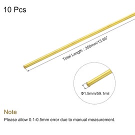 sourcing map Brass Rod,Brass Solid Round Rod 1.5mm/0.06inch Diameter 350mm Length Lathe Bar Stock for RC Model DIY Craft Pack of 10