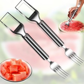 2-in-1 Stainless Steel Fruit Cutter, 2024 New Upgraded Watermelon Fork Slicer Cutter Slicer Tool, Dual Head Fruit Forks Slicer Knife for Home Kitchen Gadget (2 PCS)