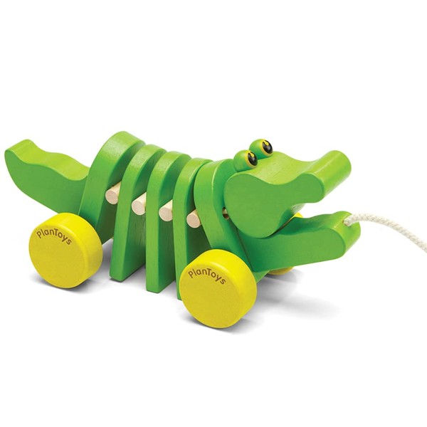 PlanToys Dancing Alligator Push & Pull Toy - Sustainably Made from Rubberwood with 3 Organic-Pigment Color Options and Makes Click-Clack Sounds and Dancing Movements when Pulled (Natural)