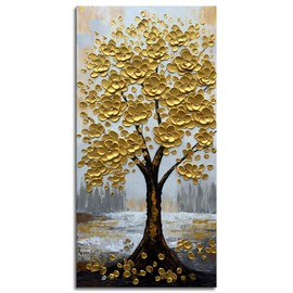 zoinart 3D Modern Oil Paintings, Gold Fortune Tree Painting, Abstract Vertical Canvas Wall Art, Floral Wall Painting for Dining Room Hallway Living Room Wall Decor 48x24 Inches