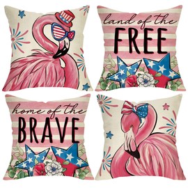 Fjfz 4th of July Flamingo Patriotic Decorative Throw Pillow Covers 20 x 20 Set of 4, Land of The Free Home of The Brave America Porch Outdoor Decor, Pink Stripes American USA Stars Couch Cushion Case