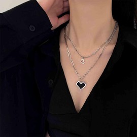 Aneneiceera Vintage Layered Love Heart Choker Necklace Enamel Black Heart Necklace Hollow Heart Pendant Necklace Acrylic Heart Chain Necklace Jewelry for Women and Girls