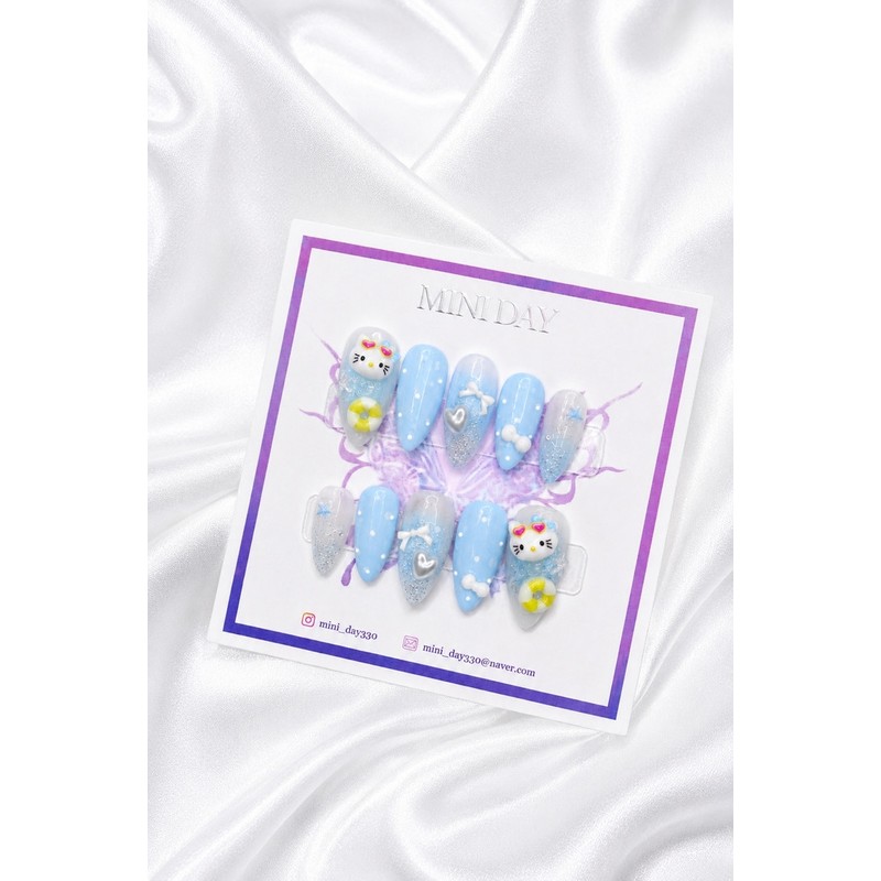 Summer Holiday Kitty Handmade Nail Tips - Long Stiletto /