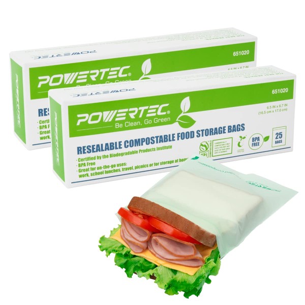 POWERTEC Compostable Sandwich Bags, 50 Count, 6.5"x6.7", BPA Free & Resealable Quart Food Slider Storage Zip Bags, Biodegradable Lunch/Snack Bags for Home and Travel, ASTM D6400 Certified (651021)