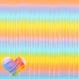 4 Pack Light Rainbow Fringe Curtain Backdrop, 3.2Ft x 6.6Ft Metallic Tinsel Foil Fringe Streamers Curtain for Photo Booth Birthday Wedding Baby Shower Party Bridal Bachelorette New Year’s Decoration