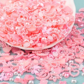 1200Pcs 3D Multi Shapes Nail Charms and Flatback Pearls, Pink&White Mix Styles Heart Star Bow Sunflower Embellishments for Nail Art, Craft and Decoration with Tweezer and Pickup Pencil
