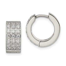 Diamond2Deal Stainless Steel Polished with 3 Rows of Cubic Zirconia 2.4mm Hinged Hoop Earrings (L-0.52 Inch, W-0.58 Inch)