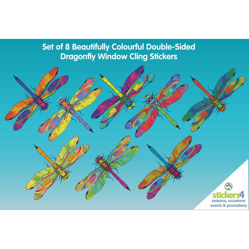 Window Stickers - 8 Beautiful Dragonflies Decorative Electrostatic Stickers -
