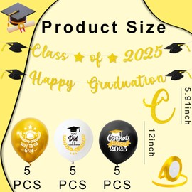 Graduation Decorations Set with Calss of 2025 Banner with 15 Pcs Balloons, Happy Graduation Party Decorations 2025 Congratulations Garland Bunting for Prom Night Leaver Party Decorations Gold