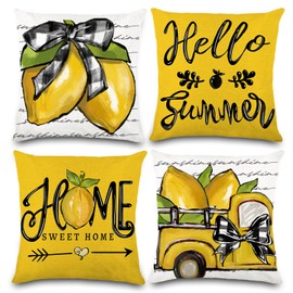 DIYDEC 4PCS Summer Pillow Covers 18x18 inch Hello Summer Throw Pillow Covers Yellow Lemon Truck Pillow Cases Sweet Home Decor Cushion for Holiday Farmhouse Home Sofa Couch