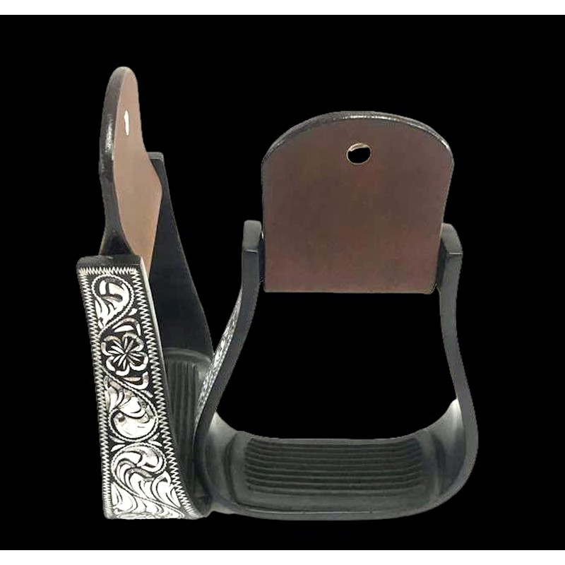 Majestic Ally Western Horse Aluminum Black Engraved Stirrups- Adults (Silver-Black)