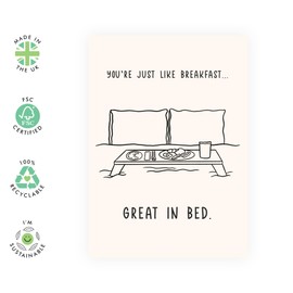 Humorous and Hot Love Card - Breakfast in Bed Pun - Valentines Day or Anniversary Romantic Ideas for Him, Her, Babe, Girlfriend, Boyfriend, Husband, Wife, Partner, Hun, Sweetheart, Spouse