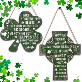 Anglechic 2 Pcs St Patrick's Day Door Decorations Shamrock Cross Wooden Welcome Door Sign Green Wall Hanging Sign with Irish Blessing Irish Wall Decor for Front Door Home Indoor Outdoor