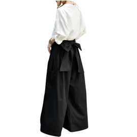 Green Tea Women's Wide Pants, Wide Bottoms, Back Ribbon, Large Size, Loose Fit, Casual, M L, Black