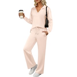 ANRABESS Women's 2 Piece Outfits Lounge Sets Casual Long Sleeve Sweatsuits Polo Top Wide Leg Pants Fall Sweat Matching Sets Apricot X-Large