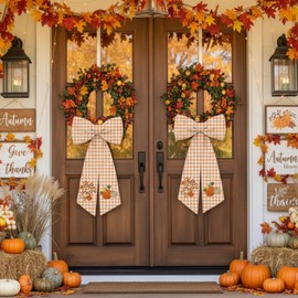 2 Pcs Fall Wreath Sash Plaid Pumpkin Hello Fall for Front Door Embroidery Ribbon Sash for Yard Porch Doorway Decor Indoor Outdoor