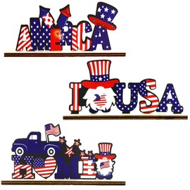 3 Pieces Mini 4th of July Patriotic Table Centerpieces Memorial Day Table Decorations American Stars Truck Gnome Wooden Signs for 4th of July Party Supplies
