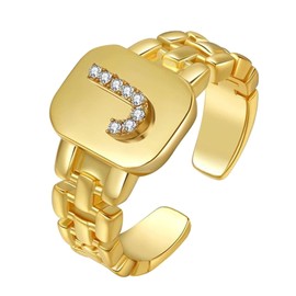 Initial Ring for Women Gold Ring with Initial Letter Open Ring Chunky Adjustable Alphabet Ring for Men (J)