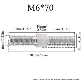 4Pcs 304 Stainless Steel Hex Head Double End Studs Rods, Left/Right Hand Threaded Rod Double End Thread Rod Stud Bolts (M6 x 70mm)
