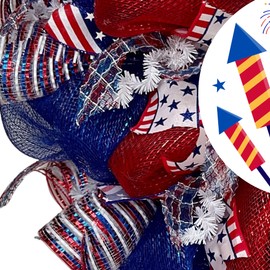Patriotic Welcome Wreath Red White & Boom with Firecrackers Handmade Deco Mesh Available in 24 inch and 28 inch diameters High Quality