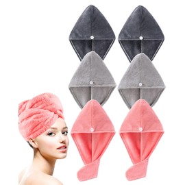 Lumimi 6-Piece Head Towel Set, Super Absorbent Super Soft, Lightweight, Practical, Long Hair Wash, Dark Grey, Pink