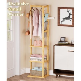 Cozivolife Bamboo Heavy Duty Small Clothing Coat Rack with Shelves & Hooks - Freestanding Corner Garment Rack for Entryway/Bedroom/Small Spaces - Anti-Slip, Anti-Tip Design, Easy Assembly