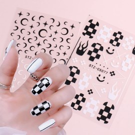 Black and White Nail Art Stickers, Flowers Butterfly Moon Stars Flame Wave Line Nail Art Decals, French 3D Nail Adhesive Sticker Design for Women Manicure Decorations, Transfer Decal Nail Art Tips