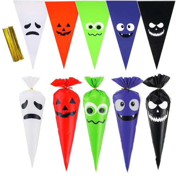 Tatuo 100 Pcs Halloween Candy Bags Pumpkin Patterned Cone Treat
