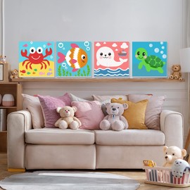 NAIMOER 4 Pack Cute Sea Animals Paint by Numbers Kits for Adults Beginner with Wooden Framed, Color by Numbers on Canvas Painting Kits for Adults, Easy Paint DIY Acrylic for Home Wall Decor 8X8 Inch