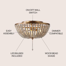 JONATHAN Y JYL9019A Allison 15" Wood Beaded/Metal LED Flush Mount, Contemporary, Transitional, for Bedroom, Livingroom, Office, Antiqued Gold