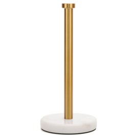 Paper Towel Holder Countertop, Heavy Weighted Marble Gold Paper Towels Holder for Kitchen Counter,Modern Standing Papertowel Roll Holders(Brushed Gold Stainless Steel Bar, White Natural Marble Base)