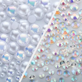 60g White Flat Back Pearls Rhinestones for Crafts Mixed Size 3mm-10mm AB Color Round Half Pearls Flatback Pearl Beads and Resin Rhinestones Set for Face Art with Glue