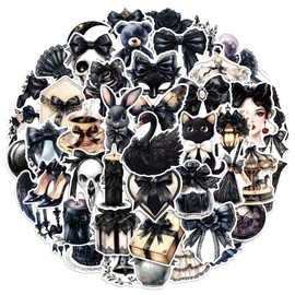 50PCS Black Gothic Stickers, Cool Skeleton Skull Goth Stickers Packs for Water Bottle Diaries Phones, Waterproof Vinyl Horror Animals Decals for Teens Adults