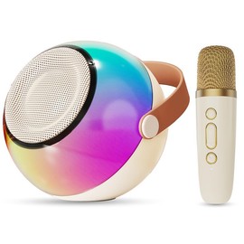 D25 Mini Karaoke Machine with Dazzling Lights and Wireless Microphones - Specification: Beige-1 Mics
