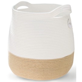 Woven Basket Rope Storage Basket - Decorative Throw Blanket Basket Living Room, Large Cotton Rope Baskets for Storage 16”x18”, Round Jute Basket, Tall Laundry Hamper Basket, Storage Bin