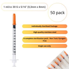 Pack of 50pcs 1ml/cc 30G 5/16" (8 mm) Plastic Tube, Multipurpose Measuring Tools, Lab Accessories, Individually Packedm (30G 5/16")