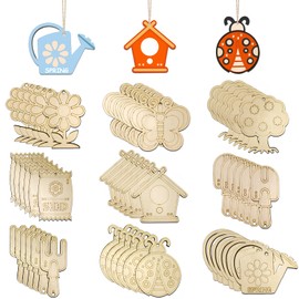 AOCEAN 54 Pcs Wooden Spring Cutouts Ornaments to Paint - 6 Styles DIY Blank Unfinished Wood Cutouts Ornament for Home Crafts Hanging Decorations DIY Handmade Decoration Wooden Pendant (Garden)