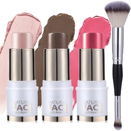 3 Pcs Cream Contour Stick With Highlighter & Makeup Brush: Long-Lasting, Waterproof, And Smooth Bronzing Contour Sticks, And Shimmery Pearl Highlighter And Blush Sticks For Both Cheeks And Lips.