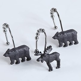 BESTRIPES Shower Curtain Hooks Rings, Rustproof Stainless Steel Black Bear Deer Shower Curtain Hooks for Bathroom Shower Rods Curtains - Set of 12