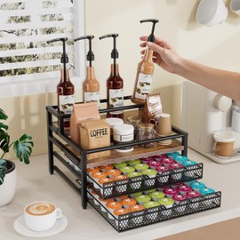 Segtenant 4 Tier Coffee Syrup Rack Organizer, Coffee Bar Organizer with 2 Sliding Drawers for K Cup Holder, Coffee Pod Holder for Coffee Station, Kitchen or Office Countertop, Brown