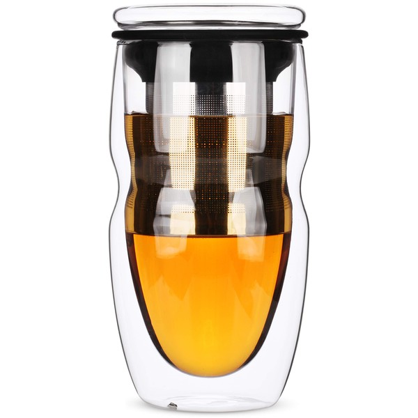 BTAT- Double Wall Glass Tea Cup With Stainless Steel Infuser, 500ml 16oz Glass, Tea Cup with Lid, Tea Infuser Cup, Tea Cup with Filter, Tea Cup with Infuser, Tea Gifts for Tea Lovers, Tea Infuser Mug
