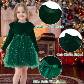 Dalukit Toddler Baby Girl Christmas Dress for Girls Long Sleeve Dress Girls Velvet Dress Girls Tutu Winter Party Dress Green