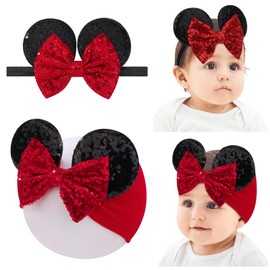 choicbaby Baby Girl Headbands Mouse Ears Headwrap with Sequin Polka Dot Bow Soft Stretchy Nylon Hair Bands for Newborn Infant Baby Toddler Girls- Pack of 2