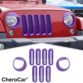 CheroCar 9Pc Purple Car Headlight Grille Insert Bezel Trim Cover for Jeep Wrangler JK 07+