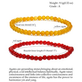 Jewboo 2Pcs Genuine Semi Gems Friendship Beaded Bracelets for Women Crystals and Gemstones Stretch Healing Bracelets Beads 4mm (Yellow & Red Agate)
