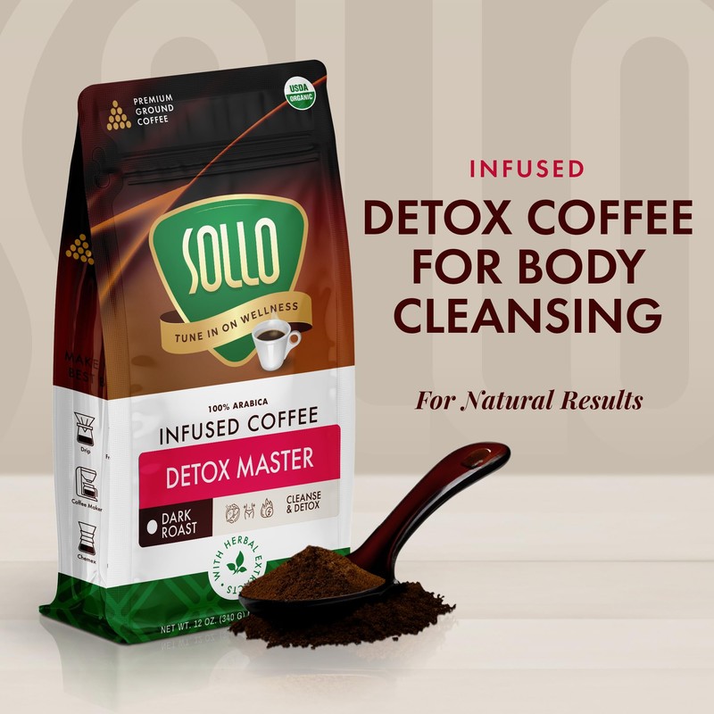 Sollo Detox Infused Ground Coffee Blend, Healthy Body Support, Dark