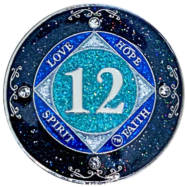 (Years 1-50) NA 12 Year Crystals and Glitter Medallion, Silver