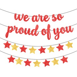 We Are So Proud Of You Banner, Glitter - Big 10 Feet with Star Garland | Graduation Banner for Red and Gold Graduation Party Decorations | Congratulations Decorations | Red Graduation Decorations 2022