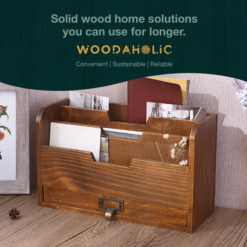 Rustic Wooden Desk Organizer - Vertical File Sorter with 3